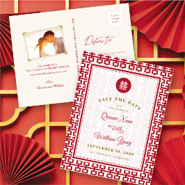 Red Double Happy Pattern Chinesisch Save the Date Ankündigungspostkarte