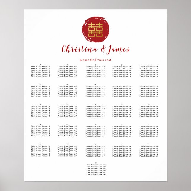 Red Double Happy Wedding Seating Chart Poster (Vorne)