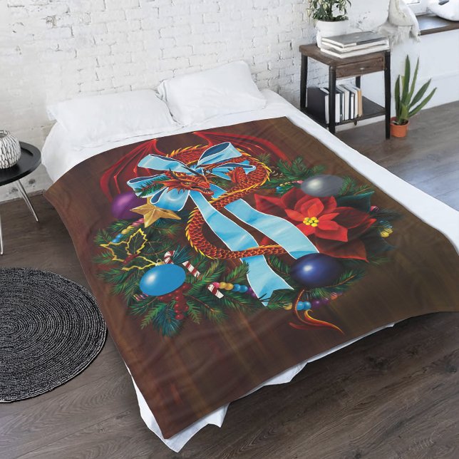 Red Dragon Christmas Wreath Fleecedecke (Von Creator hochgeladen)