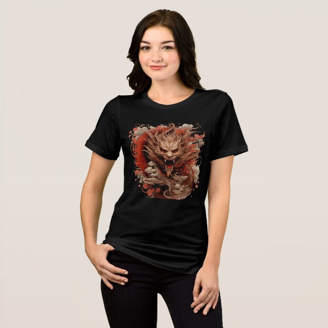 Red Dragon in Storm with Chrysanthemums Tri-Blend Shirt (Vorderseite voll)