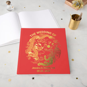 Red Dragon Phoenix Asian Wedding Gold Foil Gästebuch
