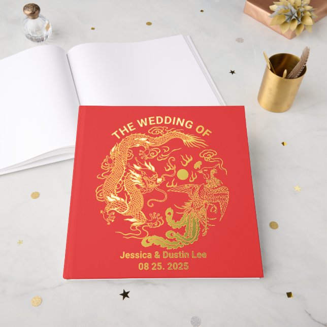Red Dragon Phoenix Asian Wedding Gold Foil Gästebuch (Vorderseite Offen)