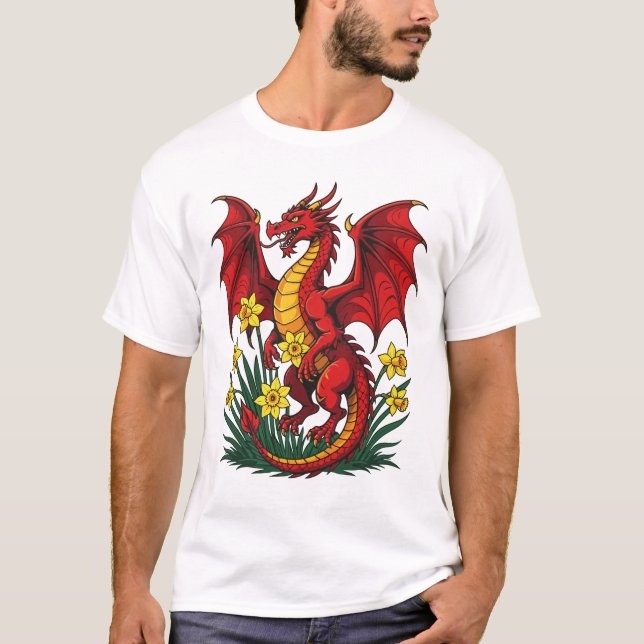 Red Dragon Stood Amongst Daffodils T-Shirt (Vorderseite)