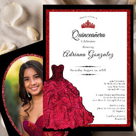 Red Dress and Tiara Custom Photo Quinceanera Einladung