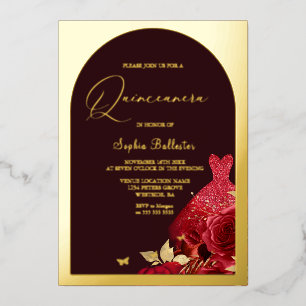 Red Dress Burgundy & Gold Floral Quinceanera Gold Folieneinladung