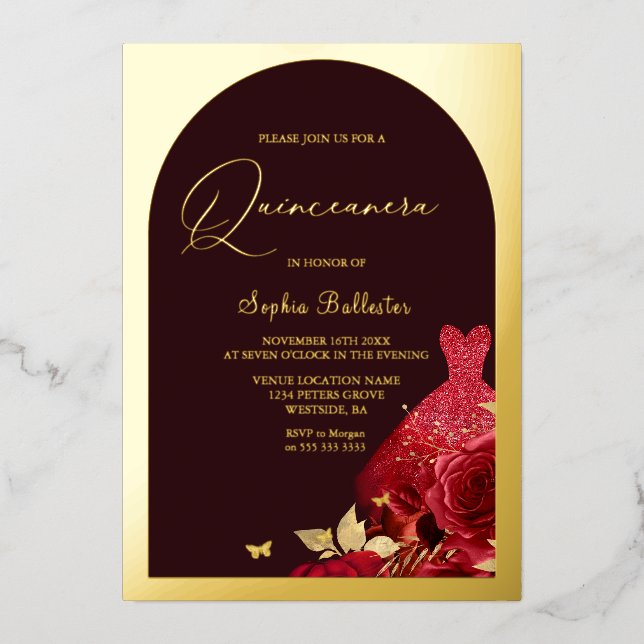 Red Dress Burgundy & Gold Floral Quinceanera Gold Folieneinladung (Vorderseite)