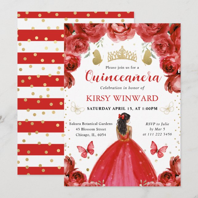 Red Dress Dark Skin Princess Quinceanera Einladung (Vorne/Hinten)