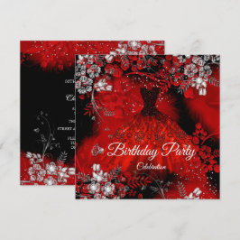 Red Dress Feathers Silver Birthday Party Einladung