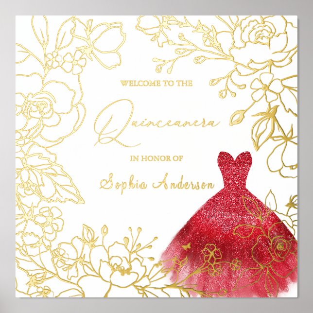 Red Dress Gold Floral Blätter Quinceanera Gold Foliendrucke (Vorderseite)