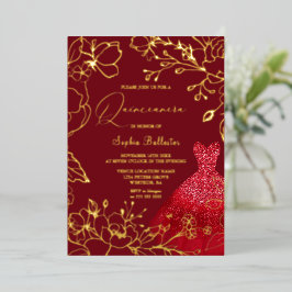 Red Dress Gold Floral Blätter Sweet 16 Folieneinladung
