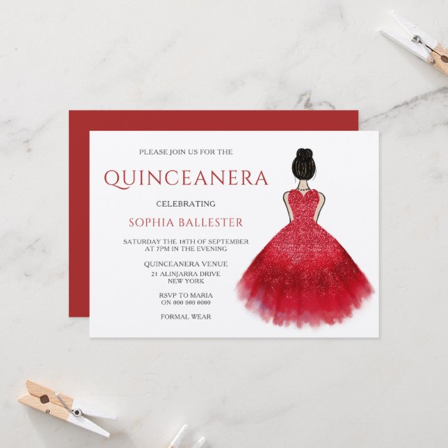 Red Dress Gown Wonderland Quinceanera Party Einladung (Vorderseite/Rückseite Beispiel)