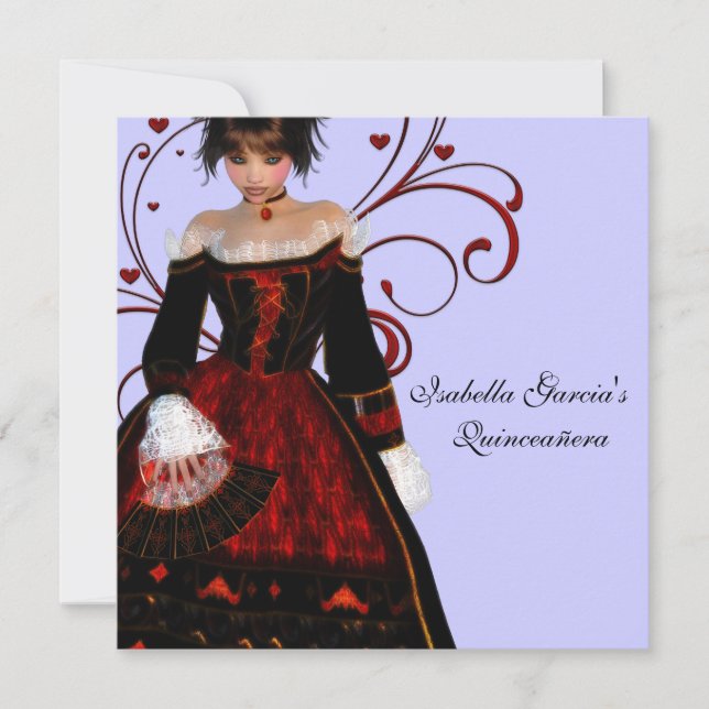 Red Dress Heart Wirbel Lila Quinceanera Einladung (Vorderseite)