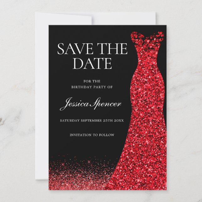 Red Dress Red Glitzer Gown Birthday Save the Date Einladung (Vorderseite)