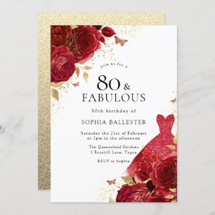 Red Dress & Rose Gold Glitzer 80. Geburtstag Einladung