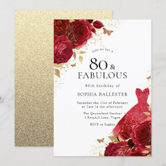 Red Dress & Rose Gold Glitzer 80. Geburtstag Einladung