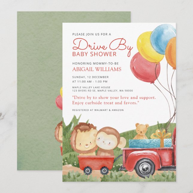 Red Drive-By Woodland Animals Truck Baby Shower Einladung (Vorne/Hinten)
