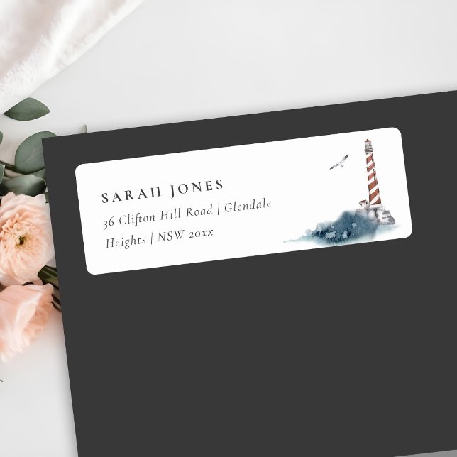 RED DUSKY BLUE LIGHTHOUSE SEA WAVES ADDRESS ETIKET (Von Creator hochgeladen)