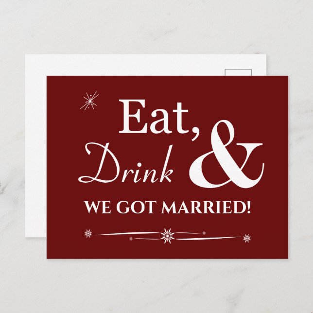 Red Eat Drink Wir Got Verheiratet Retro Elopement Postkarte (Vorne/Hinten)