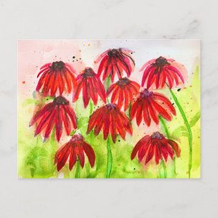 Red Echinacea Blooms Watercolor Botanische Kunst Feiertagspostkarte