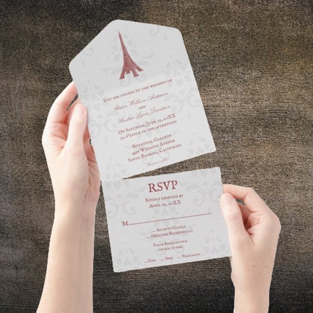 Red Eiffel Tower Damask All in One Wedding All In One Einladung (Red Eiffel Tower Damask All in One Wedding Invite)