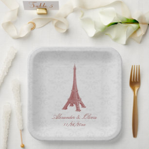 Red Eiffel Tower Damask Brautdusche Pappteller