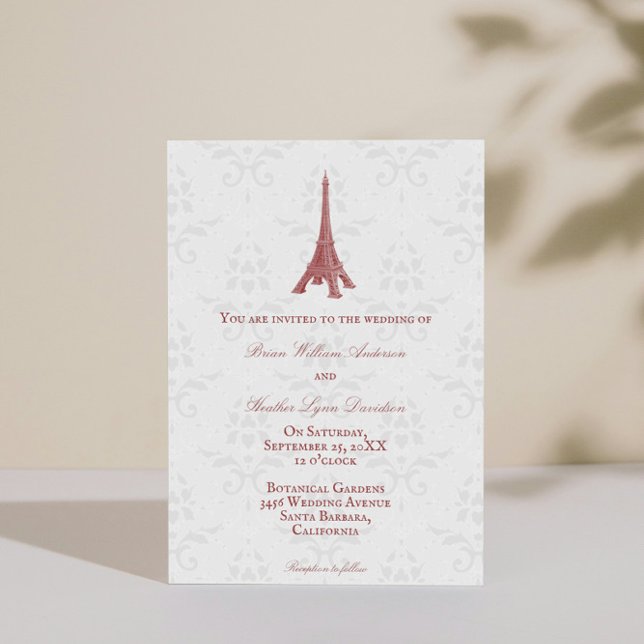 Red Eiffel Tower Damask Einladung zur Hochzeit (Red Eiffel Tower Damask Wedding Invitation)