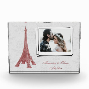 Red Eiffel Tower Damask Hochzeitspaare Fotoblock