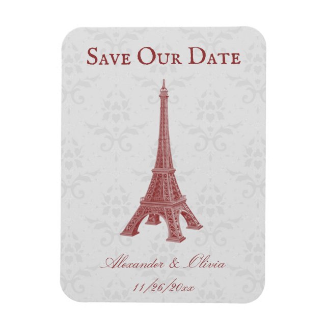 Red Eiffel Tower Damask Speichern das Date Magnet (Vertikal)