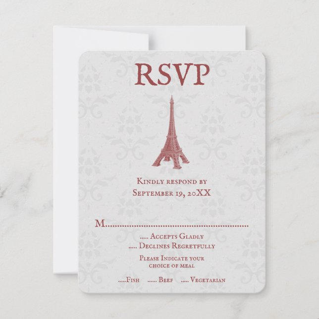 Red Eiffel Tower Damask Wedding RSVP Card Karte (Vorderseite)