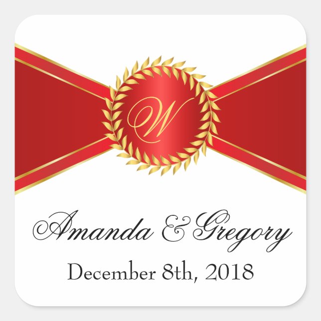 Red Elegance Monogram Quadratischer Aufkleber (Vorderseite)