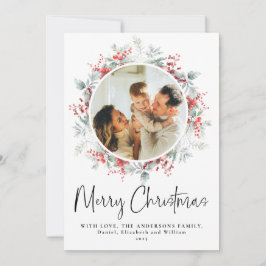 Red Elegant Botanical Wreath Weihnachtsschrift Feiertagskarte