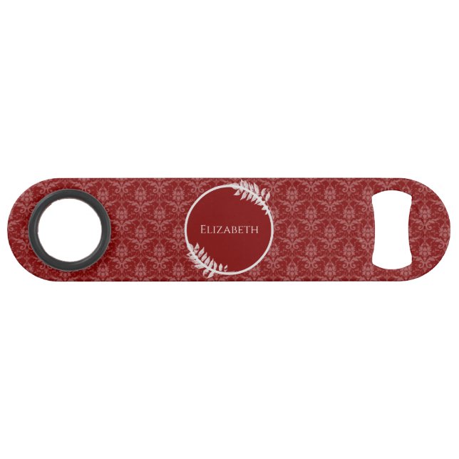 Red Elegant Damask Personalisierter Bar Key (Vorderseite (Horizontal))