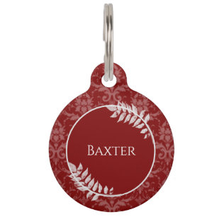 Red Elegant Damask Round Pet Tag Haustiermarke