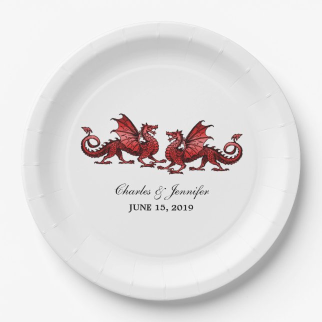 Red Elegant Dragons Wedding Paper Tellers Pappteller (Vorderseite)
