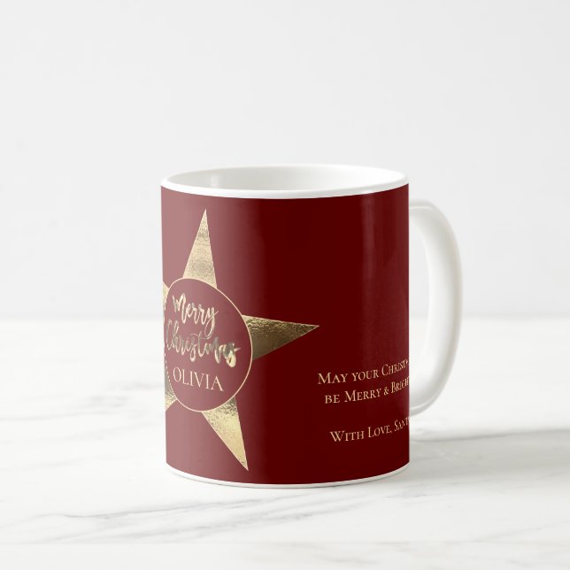 Red Elegant Golden Star Add Name Frohe Weihnachten Kaffeetasse (VorderseiteRechts)