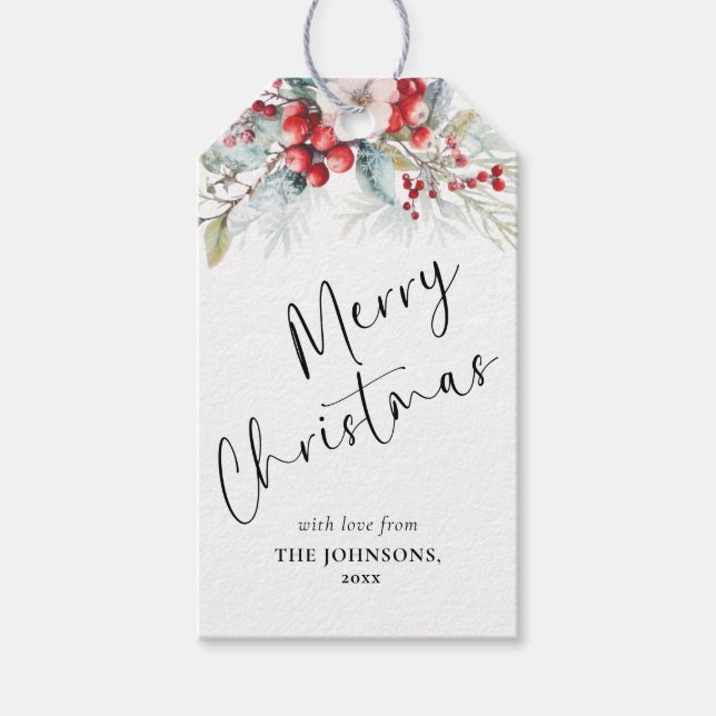 Red Elegant Handwriting Script | Berries Weihnacht Geschenkanhänger (Vorderseite)