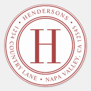 Red Elegant Monogram Rücksendeadresse Runder Aufkleber