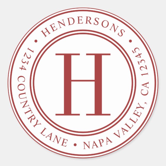 Red Elegant Monogram Rücksendeadresse Runder Aufkleber (Vorderseite)