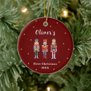 Red Elegant Nutcracker Baby's First Christmas Keramik Ornament