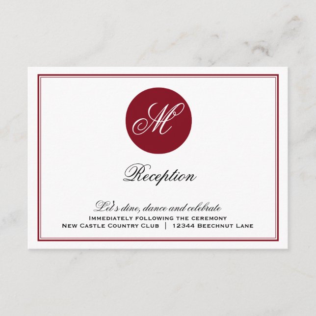 Red Elegant Script Monogram Empfang Card Begleitkarte (Vorderseite)