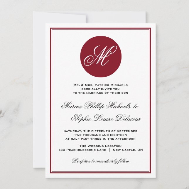 Red Elegant Script Monogram Wedding Einladung (Vorderseite)