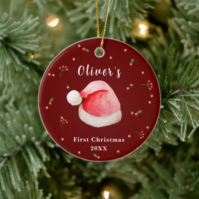 Red Elegant Weihnachtsmannmütze Baby's First Chris Keramik Ornament (Baum)