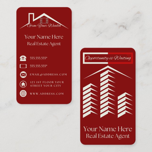 Red Elegante Business Card für Real Anwesen Agent Visitenkarte (Vorne/Hinten)