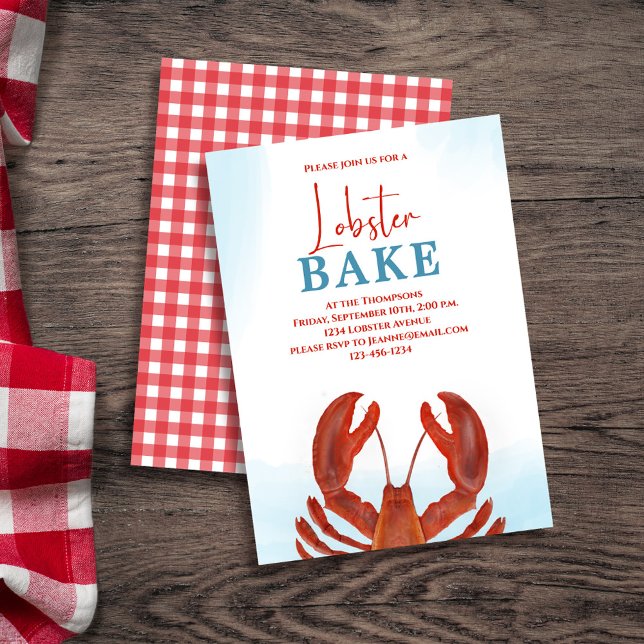 Red Elegante Seafood Bake Custom Einladung (Lobster bake coastal style invitation template.)