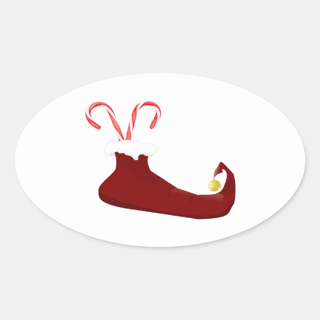 Red Elf Slipper mit Candy Canes Oval Sticker (Vorderseite)