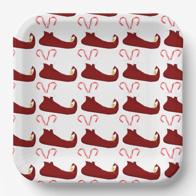 Red Elf Slippers with Candy Canes Square Pappteller (Vorderseite)