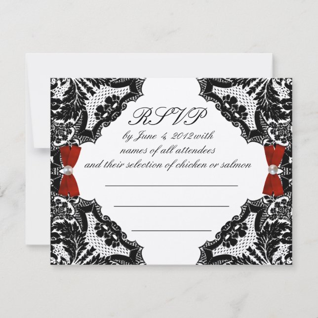 Red, Elfenbein und Black Lace Wedding RSVP (Vorderseite)