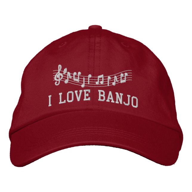 Red Embroided I Liebe Banjo Hat Bestickte Kappe (Vorderseite)