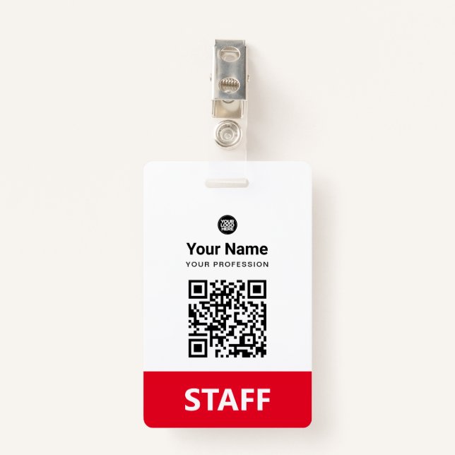 Red Employee Qr Code, Bar Code, Logo, Name Ausweis (Vorderseite mit Klammer)