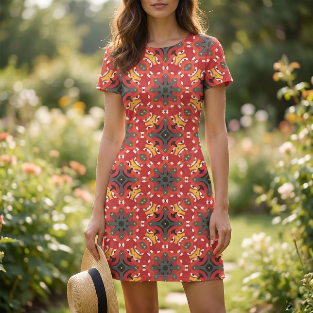 Red Ethnic Boho Oriental Arabesque Mosaik Muster Stoff (Von Creator hochgeladen)